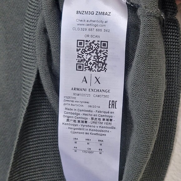 Armani Exchange Virgin Wool V-Neck Sweater Mens Med Green Preppy Lightweight - Picture 7 of 12